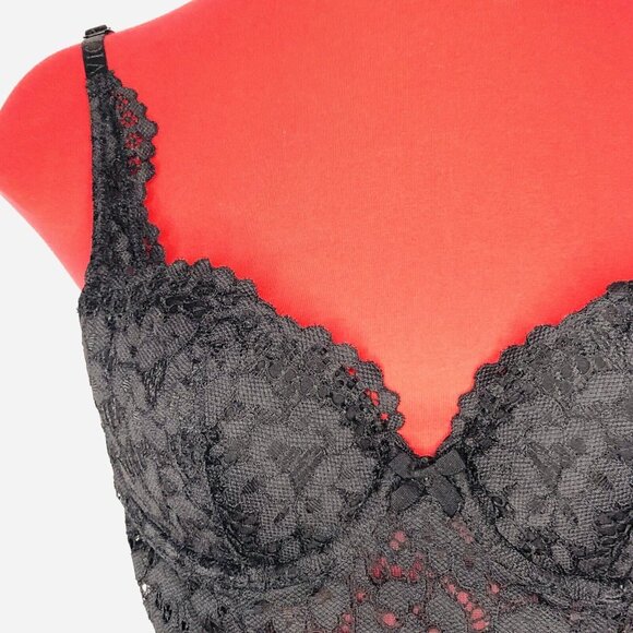 Victoria’s Secret Black Bra Corset Bustier 34B B75 Lace Mesh Lingerie Romantic - Picture 2 of 8